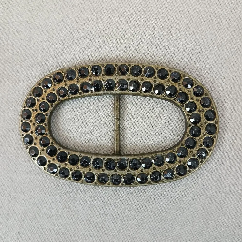 Oval brass vintage belt buckle studded with black rhinestones 4